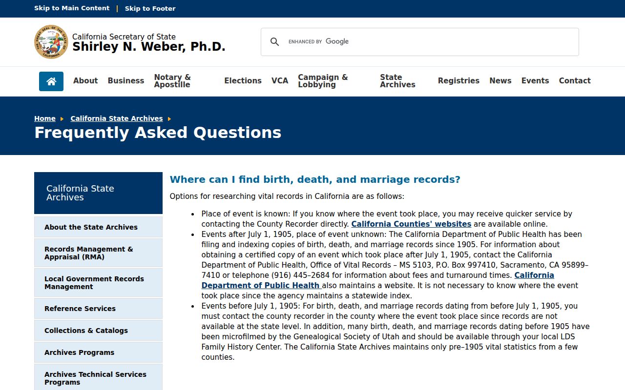 Reedley previous residents California State Archives reference